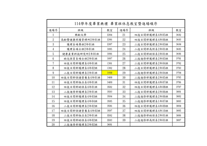 休息教室暨進場順序
