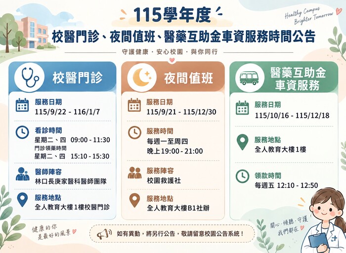 115學年度校醫門診、夜間值班、醫藥互助金車資服務時間公告